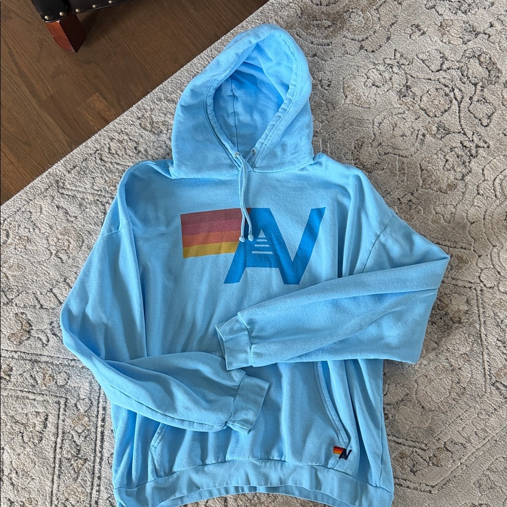 Aviator Nation Blue Hoodie with Rainbow Logo, EUC